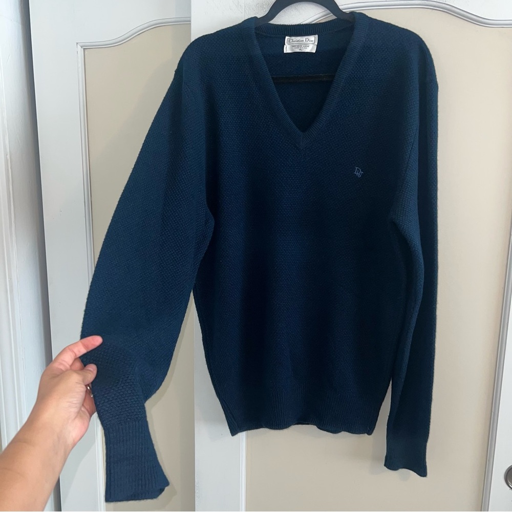 Vintage Christian Dior V-Neck Orlon Acrylic Made in USA Navy Knit Sweater